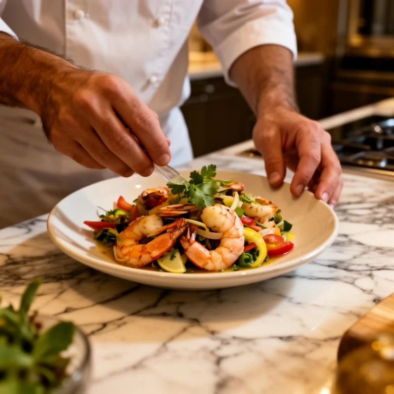 Chef preparando plato de mariscos