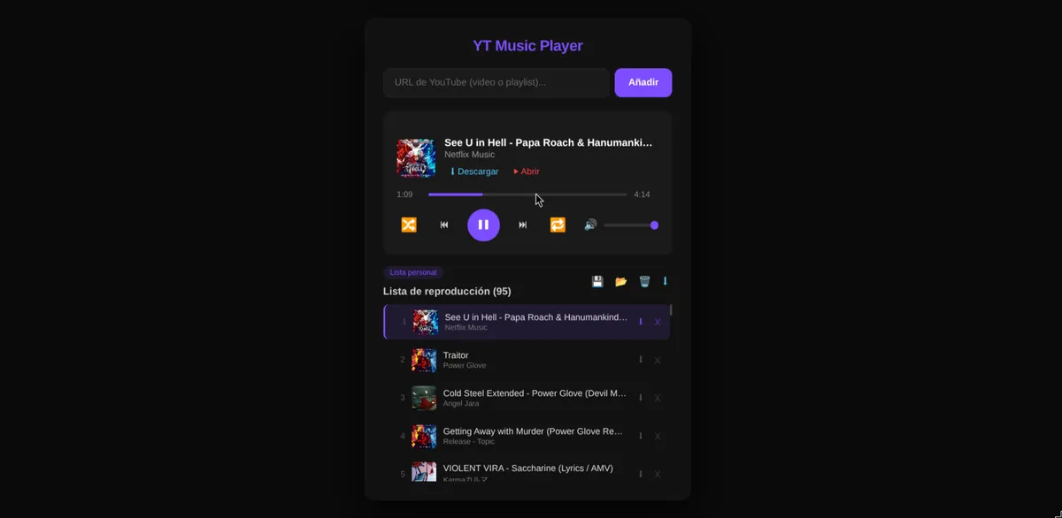 Captura del proyecto YT Music Player - Reproductor de YouTube